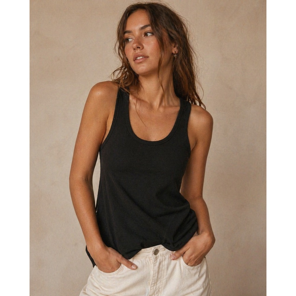 We The Free Free People Black Scoop Neck Raw Edge Tank Top Small